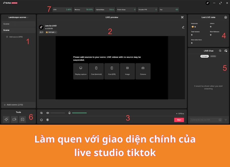 Giao diện chính của live studio tiktok